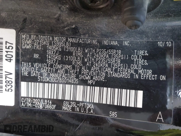 2011 Toyota Sienna XLE с VIN 5TDDK3DC7BS014835, выставлен на аукционе IAAI как лот 42433053 с пробегом 291 762 миль миль и . История ставок и продаж доступна на DreamBid. Изображение 9.