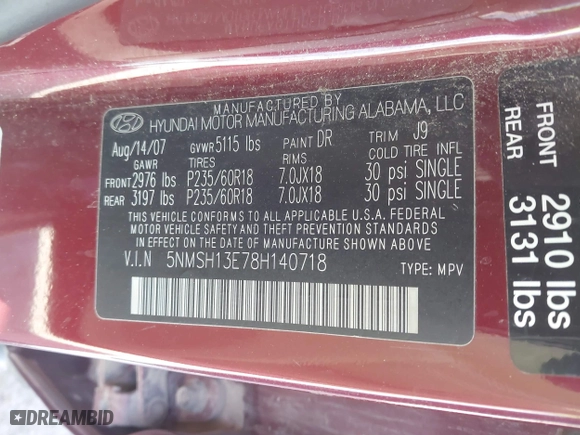 2008 Hyundai Santa Fe SE with VIN 5NMSH13E78H140718, listed as a IAAI auction lot 41695779 with 152,909 mi miles. Bid and sale history available at carsss.com. Image 9.