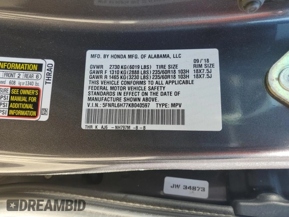 2019 Honda Odyssey EX-L with VIN 5FNRL6H77KB040597, listed as a Copart auction lot 53573445 with 110,024 mi miles and Salvage Title. Bid and sale history available at DreamBid. Image 14.