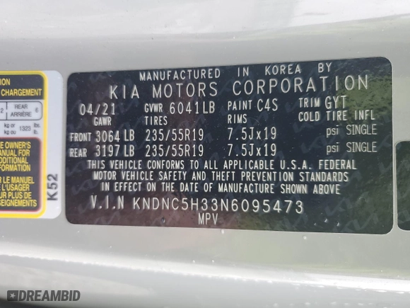 2022 Kia Carnival EX with VIN KNDNC5H33N6095473, listed as a Copart auction lot 72196364 with 42,923 mi miles and Salvage Title. Bid and sale history available at carsss.com. Image 13.