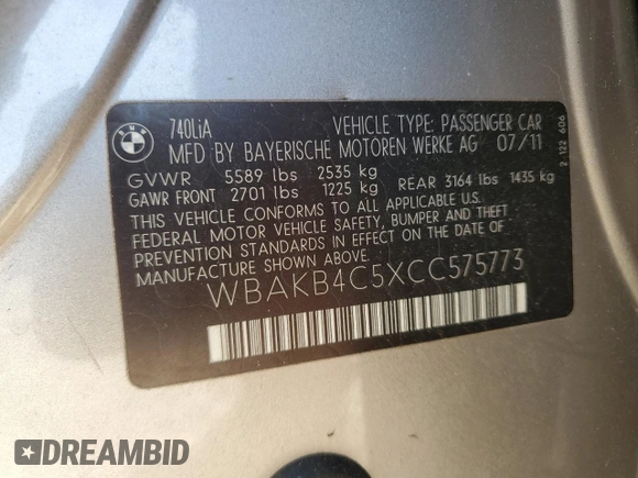 2012 BMW 7 Series 740Li with VIN WBAKB4C5XCC575773, listed as a Copart auction lot 87414794 with 88,115 mi miles and Clean Title. Bid and sale history available at carsss.com. Image 12.