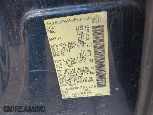 2013 Nissan Frontier SV with VIN 1N6AD0ER3DN737179, listed as a IAAI auction lot 41790962 with 121,014 mi miles and . Bid and sale history available at DreamBid. Image 9.