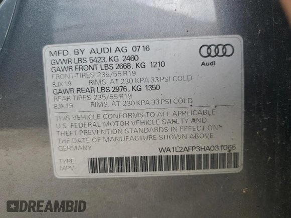 2017 Audi Q5 Premium Plus with VIN WA1L2AFP3HA031065, listed as a Copart auction lot 51498895 with 53,216 mi miles and Salvage Title. Bid and sale history available at carsss.com. Image 13.