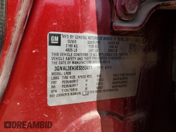 2014 Chevrolet Captiva Sport LT with VIN 3GNAL3EK9ES550411, listed as a Copart auction lot 71582554 with 129,642 mi miles and Clean Title. Bid and sale history available at DreamBid. Image 13.