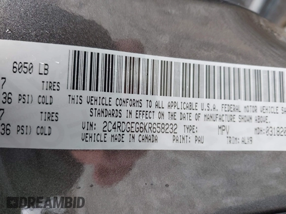 2019 Dodge Grand Caravan GT with VIN 2C4RDGEG6KR658232, listed as a IAAI auction lot 41701449 with 135,764 mi miles and . Bid and sale history available at DreamBid. Image 9.