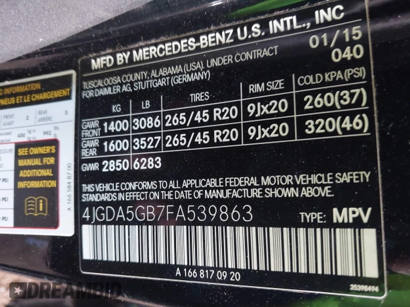 2015 Mercedes-Benz M 400 with VIN 4JGDA5GB7FA539863, listed as a IAAI auction lot 41436311 with 90,854 mi miles and . Bid and sale history available at DreamBid. Image 9.
