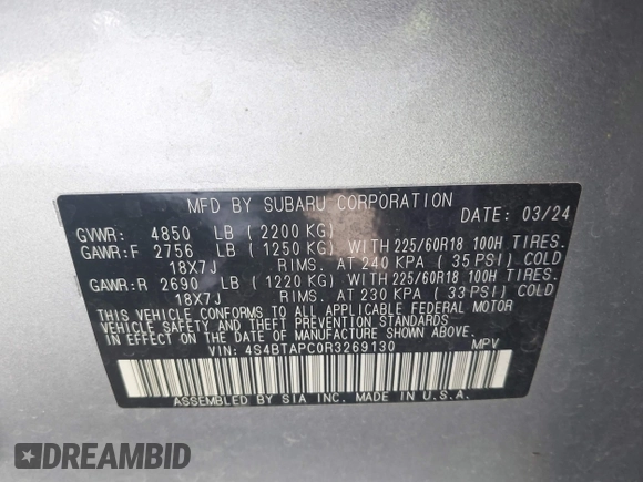2024 Subaru Outback Touring z VIN 4S4BTAPC0R3269130, wystawiony jako IAAI lot #41764796 z przebiegiem 21 271 mil mil oraz . Historia ofert i sprzedaży dostępna na DreamBid. Obrazek 9.