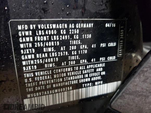 2016 Volkswagen Tiguan R-Line with VIN WVGBV7AX8GW609256, listed as a Copart auction lot 85888204 with 93,165 mi miles and Salvage Title. Bid and sale history available at DreamBid. Image 12.