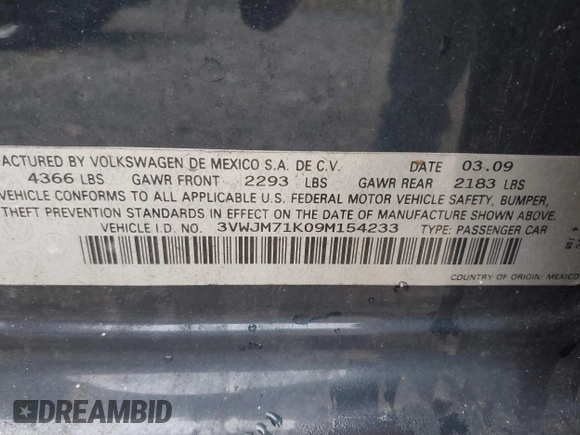 2009 Volkswagen Jetta S с VIN 3VWJM71K09M154233, выставлен на аукционе IAAI как лот 41876480 с пробегом 196 569 миль миль и . История ставок и продаж доступна на DreamBid. Изображение 9.