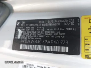 2010 BMW 3 Series 328i with VIN WBAWB3C59AP481773, listed as a IAAI auction lot 42514170 with 96,057 mi miles and . Bid and sale history available at DreamBid. Image 9.
