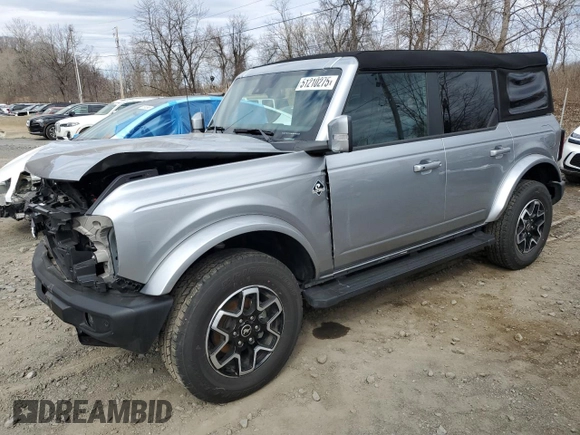 2024 Ford Bronco Outer Banks with VIN 1FMEE8BP2RLA43360, listed as a Copart auction lot 51210275 with 575 mi miles and Salvage title. Bid and sale history available at DreamBid. Image 1.