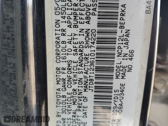 2001 Toyota ECHO with VIN JTDBT123610174220, listed as a Copart auction lot 51153515 with 199,253 mi miles and Salvage Title. Bid and sale history available at DreamBid. Image 12.