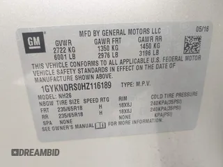 2017 Cadillac XT5 Luxury AWD with VIN 1GYKNDRS0HZ116189, listed as a IAAI auction lot 42091274 with 91,456 mi miles and . Bid and sale history available at carsss.com. Image 9.