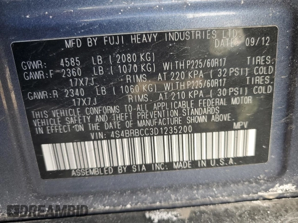 2013 Subaru Outback 2.5i Premium with VIN 4S4BRBCC3D1235200, listed as a Copart auction lot 89322785 with 199,998 mi miles and Clean Title. Bid and sale history available at carsss.com. Image 12.