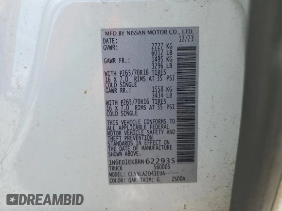 2024 Nissan Frontier S with VIN 1N6ED1EK8RN622935, listed as a Copart auction lot 44300905 with 30,325 mi miles and Salvage title. Bid and sale history available at DreamBid. Image 14.