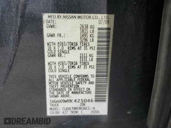 2009 Nissan Frontier SE with VIN 1N6AD09W99C425046, listed as a Copart auction lot 61961445 with 211,907 mi miles and Clean title. Bid and sale history available at DreamBid. Image 13.