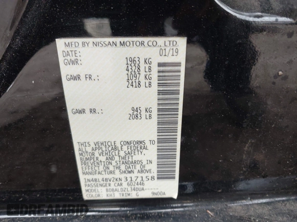 2019 Nissan Altima S with VIN 1N4BL4BV2KN317158, listed as a IAAI auction lot 42058292 with 109,466 mi miles and . Bid and sale history available at carsss.com. Image 9.