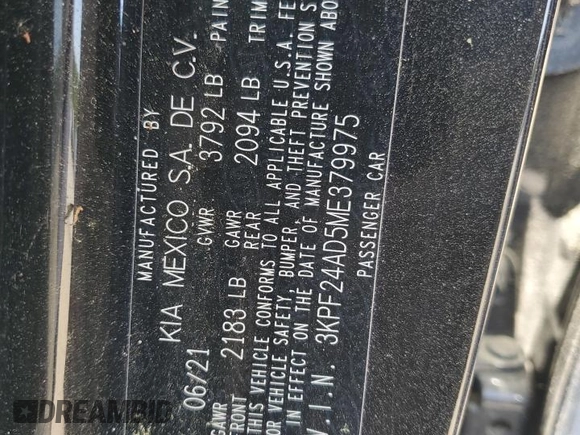 2021 Kia Forte LXS z VIN 3KPF24AD5ME379975, wystawiony jako Copart lot #55300495 z przebiegiem Nie podano mil oraz Czysty tytuł • Clean title. Historia ofert i sprzedaży dostępna na DreamBid. Obrazek 12.