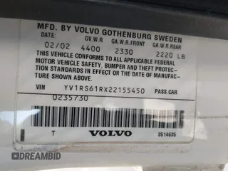 2002 Volvo S60 with VIN YV1RS61RX22155450, listed as a IAAI auction lot 41988229 with 86,115 mi miles. Bid and sale history available at carsss.com. Image 9.