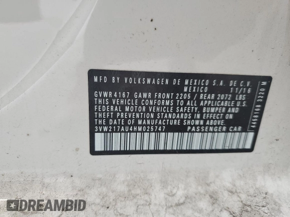 2017 Volkswagen Golf S с VIN 3VW217AU4HM025747, выставлен на аукционе Copart как лот 56430755 с пробегом 119 616 миль миль и Списание • Salvage title. История ставок и продаж доступна на DreamBid. Изображение 12.