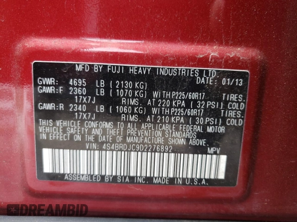 2013 Subaru Outback Limited с VIN 4S4BRDJC9D2276892, выставлен на аукционе Copart как лот 56051725 с пробегом 21 693 миль миль и Списание • Salvage title. История ставок и продаж доступна на DreamBid. Изображение 13.
