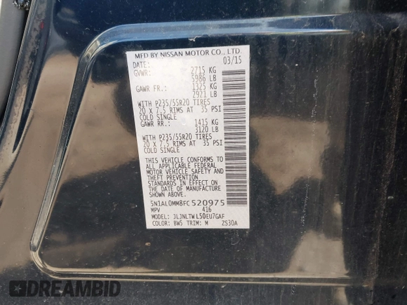 2015 Infiniti QX60 with VIN 5N1AL0MM8FC520975, listed as a IAAI auction lot 42261719 with 125,732 mi miles and . Bid and sale history available at DreamBid. Image 9.