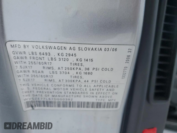 2007 Volkswagen Touareg V6 with VIN WVGZE77L57D000382, listed as a Copart auction lot 41463895 with 140,961 mi miles and Salvage Title. Bid and sale history available at DreamBid. Image 13.