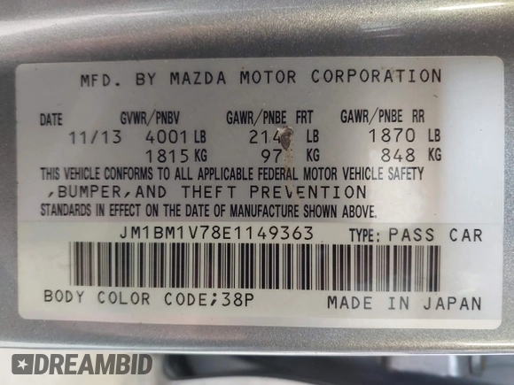 2014 Mazda 3 i Touring with VIN JM1BM1V78E1149363, listed as a IAAI auction lot 41968555 with 100,949 mi miles and . Bid and sale history available at DreamBid. Image 9.