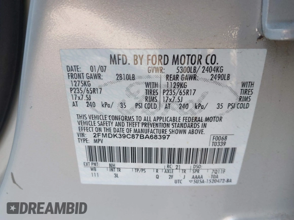 2007 Ford Edge SEL PLUS with VIN 2FMDK39C87BA68397, listed as a IAAI auction lot 41897056 with 135,403 mi miles. Bid and sale history available at carsss.com. Image 9.