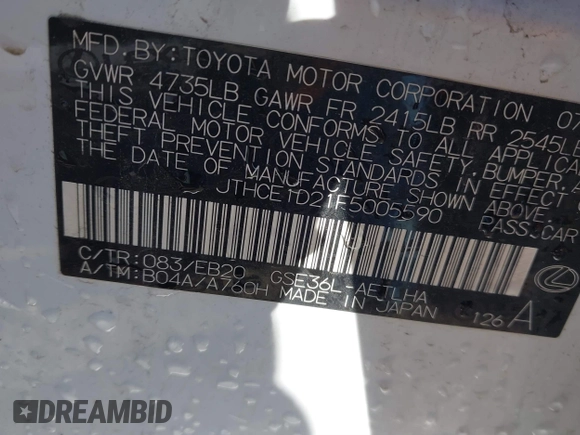 2015 Lexus IS 350 with VIN JTHCE1D21F5005590, listed as a IAAI auction lot 41805032 with 93,897 mi miles and . Bid and sale history available at DreamBid. Image 9.