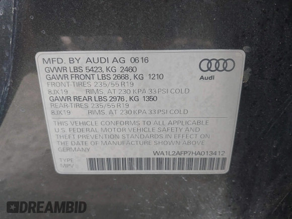 2017 Audi Q5 Premium Plus z VIN WA1L2AFP7HA013412, wystawiony jako IAAI lot #41861342 z przebiegiem 17 396 mil mil oraz . Historia ofert i sprzedaży dostępna na DreamBid. Obrazek 9.