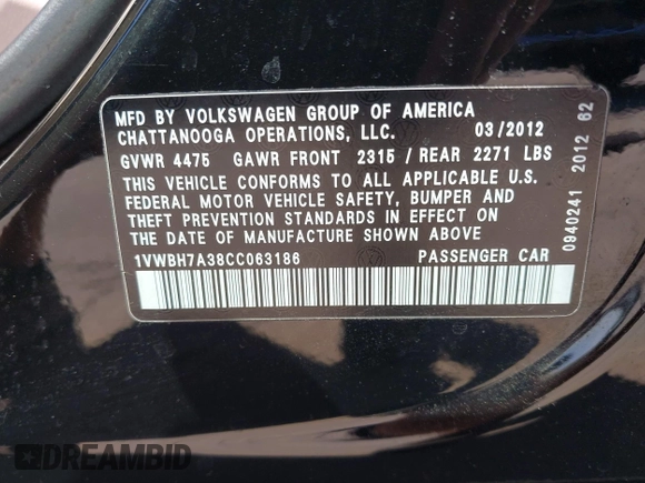 2012 Volkswagen Passat SE z VIN 1VWBH7A38CC063186, wystawiony jako IAAI lot #41700992 z przebiegiem 151 454 mil mil oraz . Historia ofert i sprzedaży dostępna na DreamBid. Obrazek 9.
