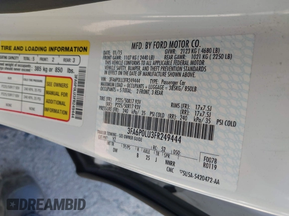 2015 Ford Fusion SE Hybrid with VIN 3FA6P0LU3FR249444, listed as a IAAI auction lot 41602659 with 145,024 mi miles. Bid and sale history available at carsss.com. Image 9.