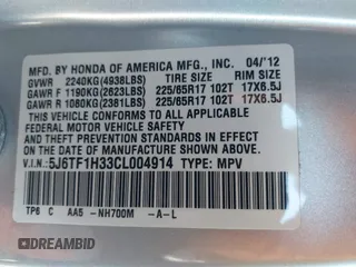 2012 Honda Crosstour EX with VIN 5J6TF1H33CL004914, listed as a IAAI auction lot 41567625 with 61,260 mi miles. Bid and sale history available at carsss.com. Image 9.