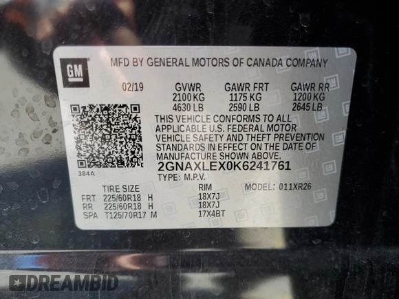2019 Chevrolet Equinox LT with VIN 2GNAXLEX0K6241761, listed as a Copart auction lot 47849925 with Not Provided miles and Salvage Title. Bid and sale history available at DreamBid. Image 14.