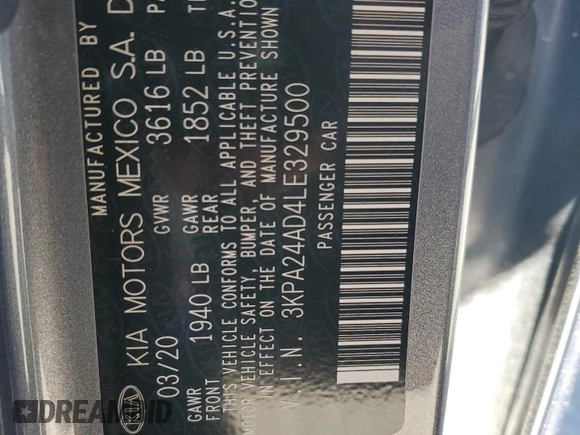2020 Kia Rio LX with VIN 3KPA24AD4LE329500, listed as a Copart auction lot 48577625 with 72,184 mi miles and Salvage Title. Bid and sale history available at carsss.com. Image 12.