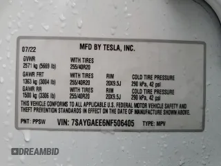 2022 Tesla Model Y Long Range with VIN 7SAYGAEE6NF506405, listed as a Copart auction lot 50392655 with 36,866 mi miles and Salvage Title. Bid and sale history available at DreamBid. Image 15.
