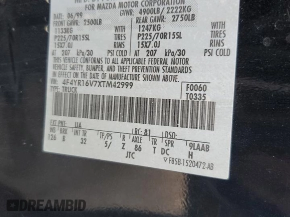 1999 Mazda B-Series 2WD Truck SE with VIN 4F4YR16V7XTM42999, listed as a Copart auction lot 42342714 with 152,152 mi miles and Salvage Title. Bid and sale history available at carsss.com. Image 12.
