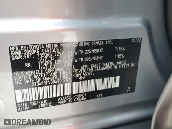 2022 Toyota RAV4 XLE with VIN 2T3W1RFV3NW203742, listed as a Copart auction lot 62733585 with 6,668 mi miles and Non repairable. Bid and sale history available at DreamBid. Image 14.