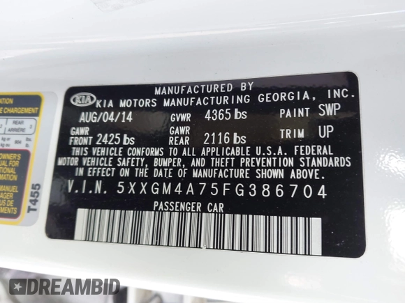 2015 Kia Optima LX with VIN 5XXGM4A75FG386704, listed as a IAAI auction lot 41344996 with 266,993 mi miles and . Bid and sale history available at DreamBid. Image 9.