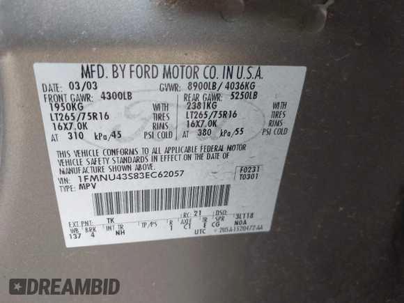 2003 Ford Excursion Limited с VIN 1FMNU43S83EC62057, выставлен на аукционе IAAI как лот 42392383 с пробегом 166 670 миль миль и . История ставок и продаж доступна на DreamBid. Изображение 9.