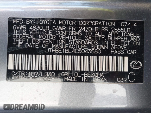 2014 Lexus GS 350 z VIN JTHBE1BL4E5043580, wystawiony jako IAAI lot #42294152 z przebiegiem 109 210 mil mil oraz . Historia ofert i sprzedaży dostępna na DreamBid. Obrazek 9.