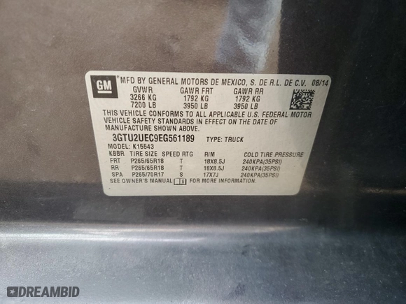 2014 GMC Sierra 1500 SLE with VIN 3GTU2UEC9EG561189, listed as a Copart auction lot 54688104 with 184,509 mi miles and Salvage Title. Bid and sale history available at carsss.com. Image 12.
