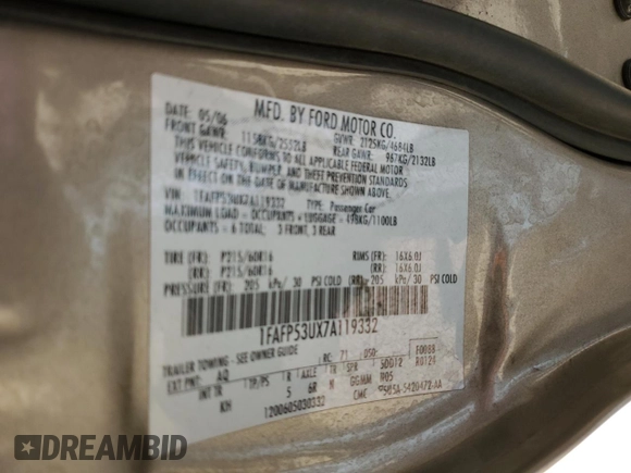 2007 Ford Taurus SE с VIN 1FAFP53UX7A119332, выставлен на аукционе Copart как лот 57625215 с пробегом 54 443 миль миль и Списание • Salvage title. История ставок и продаж доступна на DreamBid. Изображение 12.