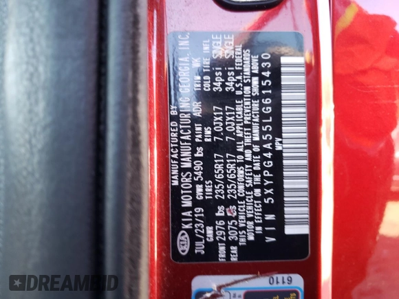 2020 Kia Sorento LX with VIN 5XYPG4A55LG615430, listed as a Copart auction lot 84684434 with 89,096 mi miles and Salvage Title. Bid and sale history available at DreamBid. Image 13.