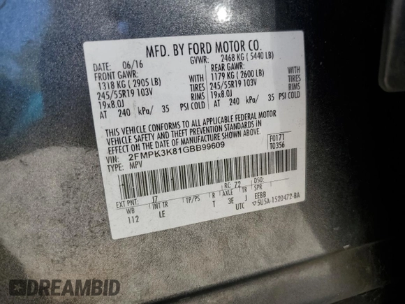 2016 Ford Edge Titanium with VIN 2FMPK3K81GBB99609, listed as a Copart auction lot 53101505 with 93,356 mi miles and Salvage Title. Bid and sale history available at carsss.com. Image 13.