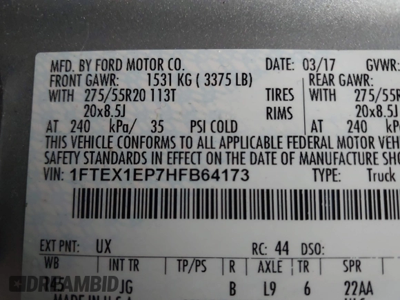 2017 Ford F-150 XL with VIN 1FTEX1EP7HFB64173, listed as a IAAI auction lot 41471112 with 65,277 mi miles and . Bid and sale history available at DreamBid. Image 9.