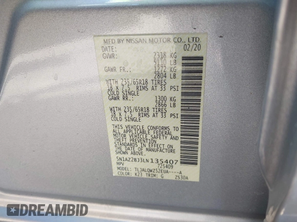 2020 Nissan Murano SV z VIN 5N1AZ2BJ3LN135407, wystawiony jako IAAI lot #41316924 z przebiegiem 83 656 mil mil oraz . Historia ofert i sprzedaży dostępna na DreamBid. Obrazek 9.