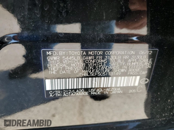 2012 Lexus LS 460 with VIN JTHBL5EF5C5113149, listed as a Copart auction lot 62555505 with 122,359 mi miles and Salvage title. Bid and sale history available at DreamBid. Image 12.
