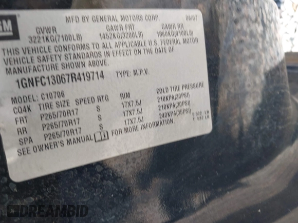 2007 Chevrolet Tahoe LS with VIN 1GNFC13067R419714, listed as a IAAI auction lot 42276294 with Not provided miles and . Bid and sale history available at DreamBid. Image 9.